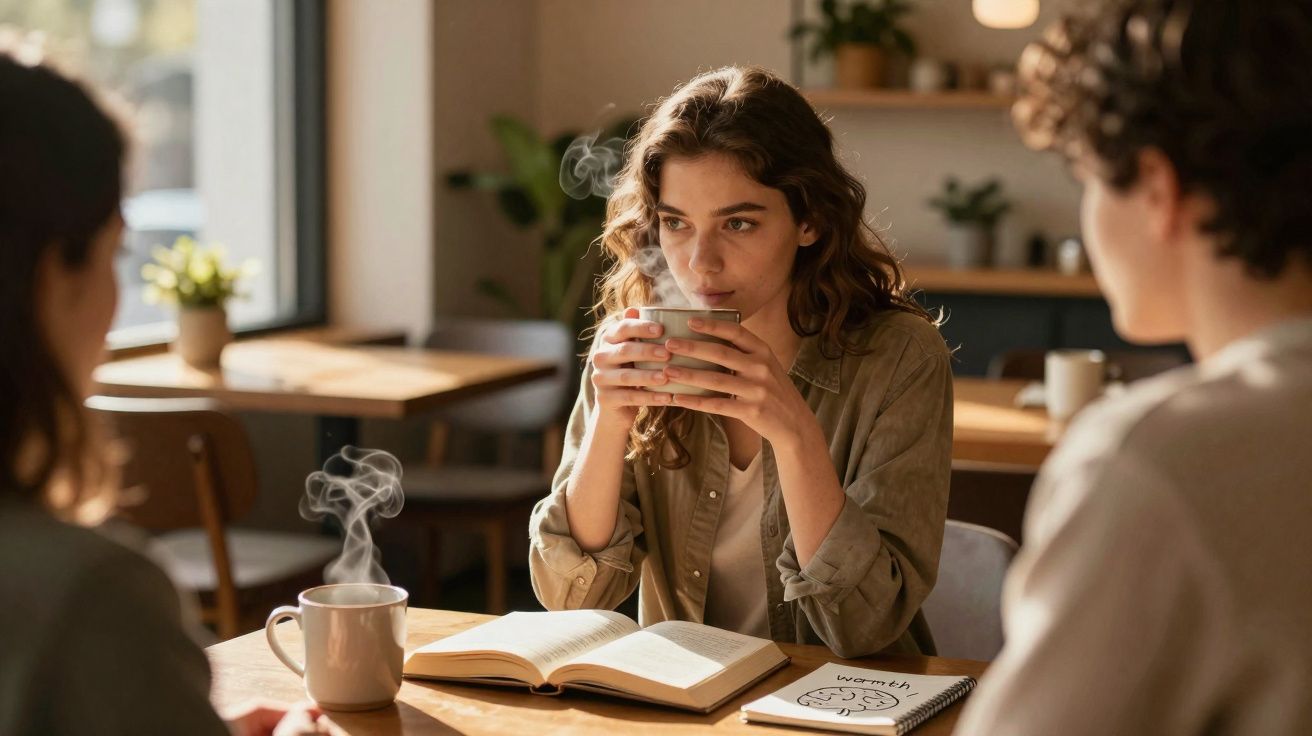 Jovem a beber chá quente numa mesa com livro aberto, rodeada por duas pessoas num ambiente acolhedor.