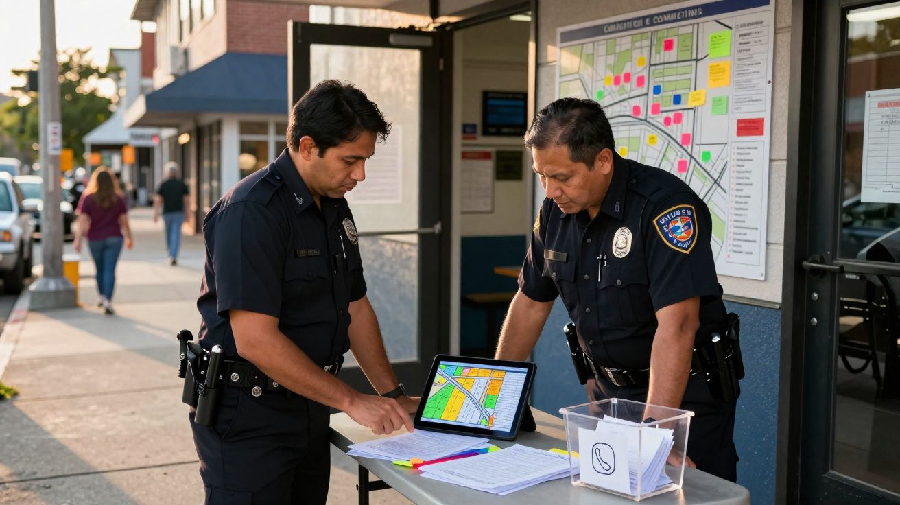 Dois polícias revendo mapas e documentos numa mesa exterior em zona urbana ao entardecer.