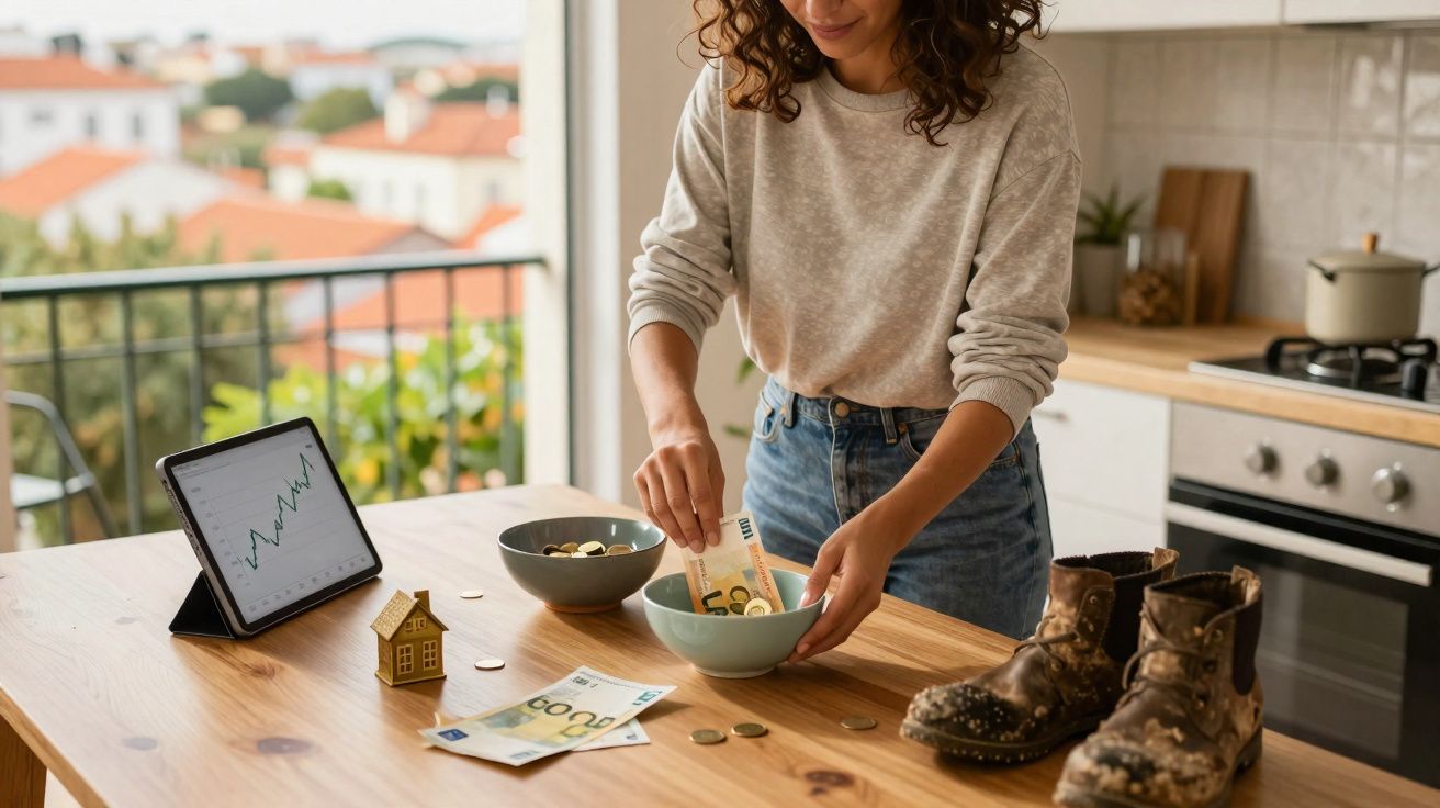 Mulher a contar dinheiro em casa, com computador e botas gastas numa mesa de madeira.
