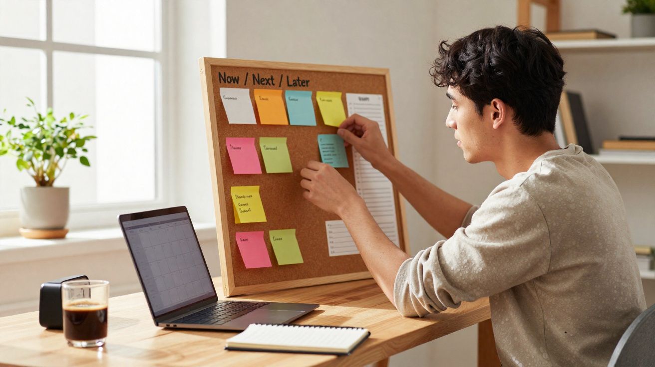 Homem jovem a organizar notas coloridas num quadro de cortiça, sentado numa mesa com computador portátil e caderno.