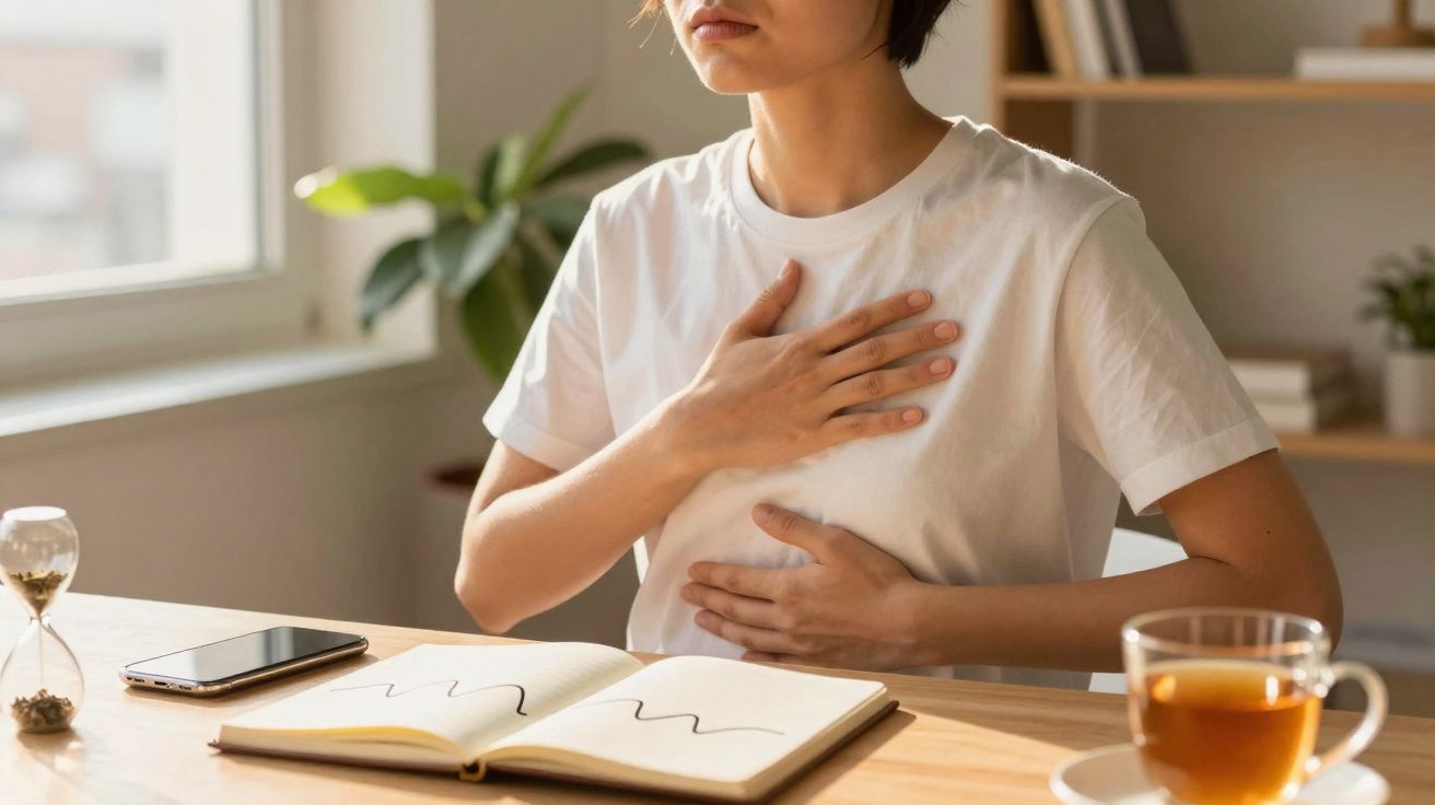 Pessoa com camisola branca a segurar o peito e o estômago sentada numa mesa com agenda e chá.