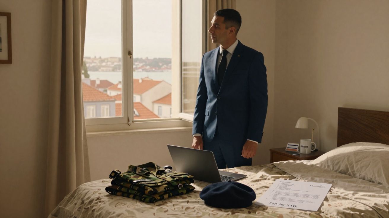 Homem de fato observa pela janela de quarto com cama onde estão farda camuflada, boina e documentos.