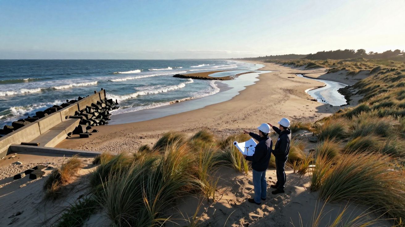 Duas pessoas com capacetes analisam projeto numa duna junto a uma extensa praia e mar com ondas.
