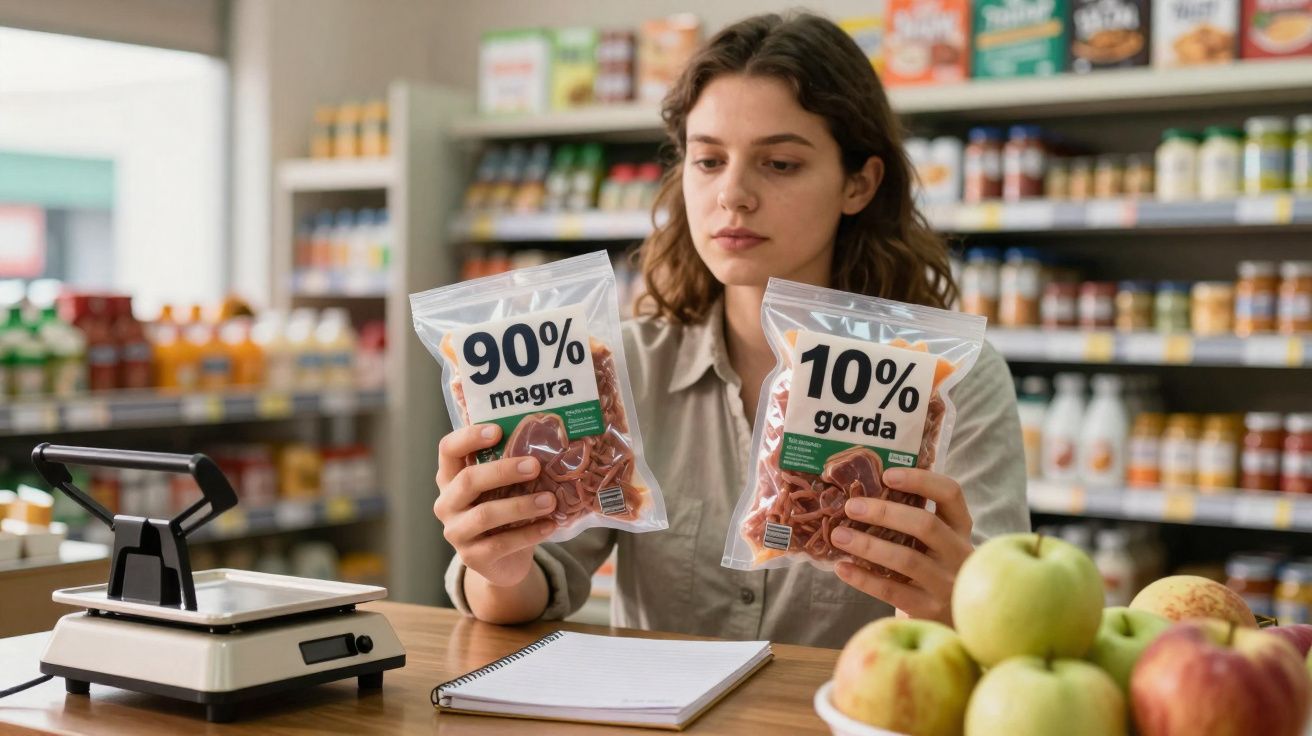 Mulher a comparar embalagens de fiambre 90% magra e 10% gorda numa mercearia.