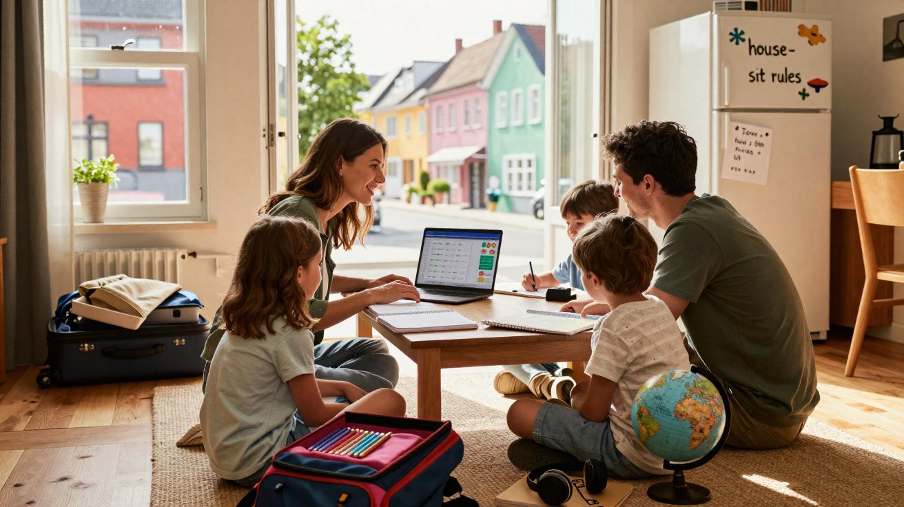 Família com duas crianças realiza estudo em casa com laptop e material escolar numa sala iluminada.