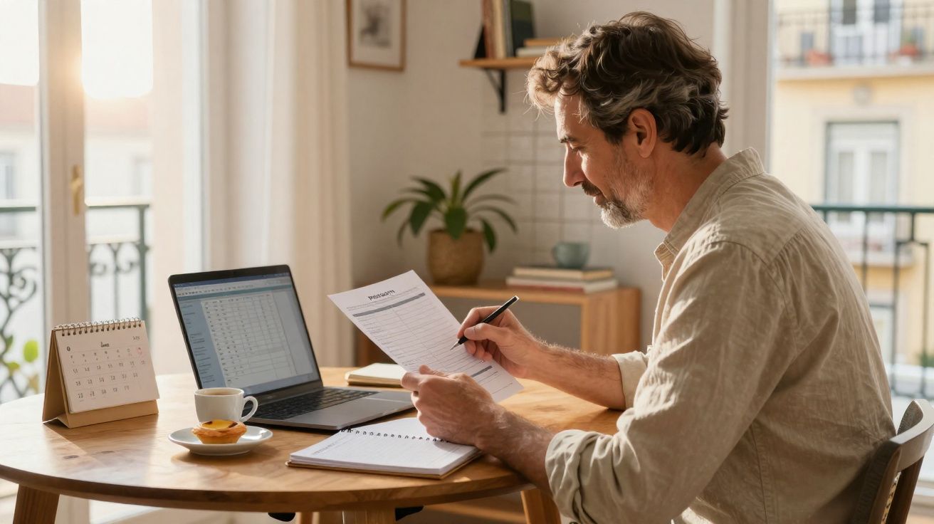 Homem sentado a trabalhar em casa, a analisar documentos e usar um computador portátil numa mesa de madeira.