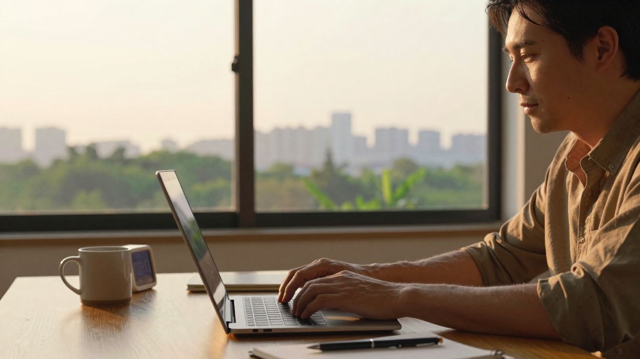 Homem a trabalhar num computador portátil junto a uma janela com vista para a cidade ao entardecer.