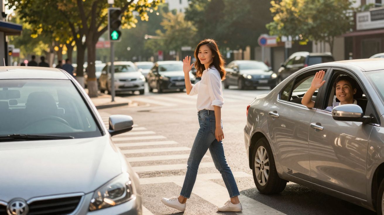 Mulher a atravessar passadeira e homem num carro acenam com a mão numa rua urbana ensolarada.