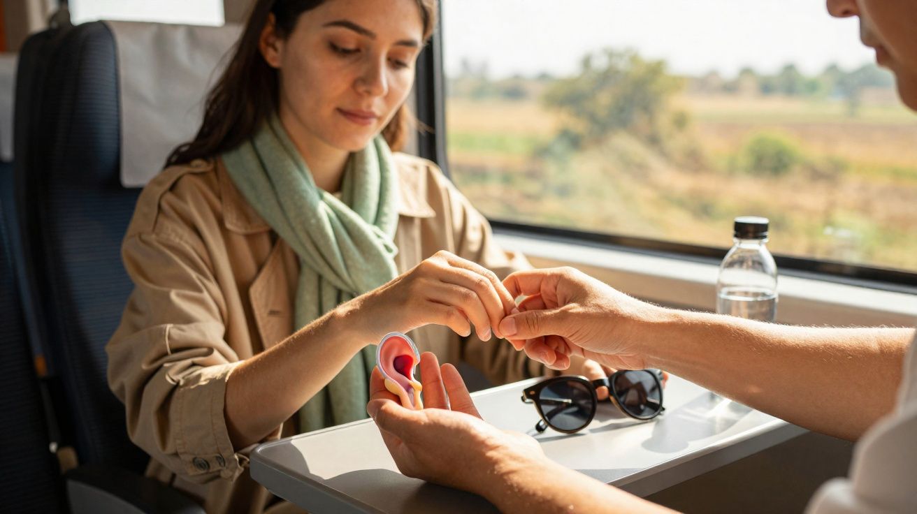 Pessoa ajuda a colocar aparelho auditivo enquanto viajam de comboio com paisagem campestre ao fundo.