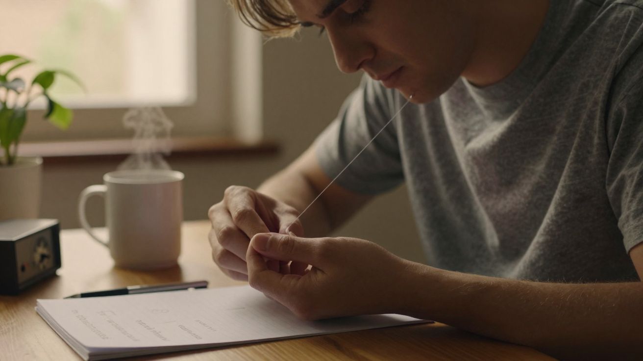 Homem alinhavando tecido sentado à mesa com caderno, caneta, chá quente e planta ao fundo.