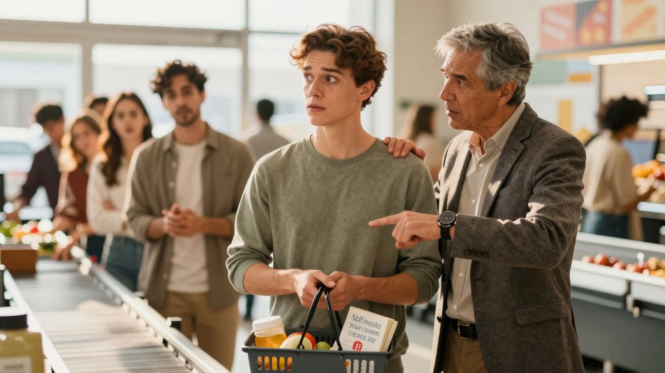 Homem mais velho conversa e orienta jovem com cesta de compras numa fila de supermercado.