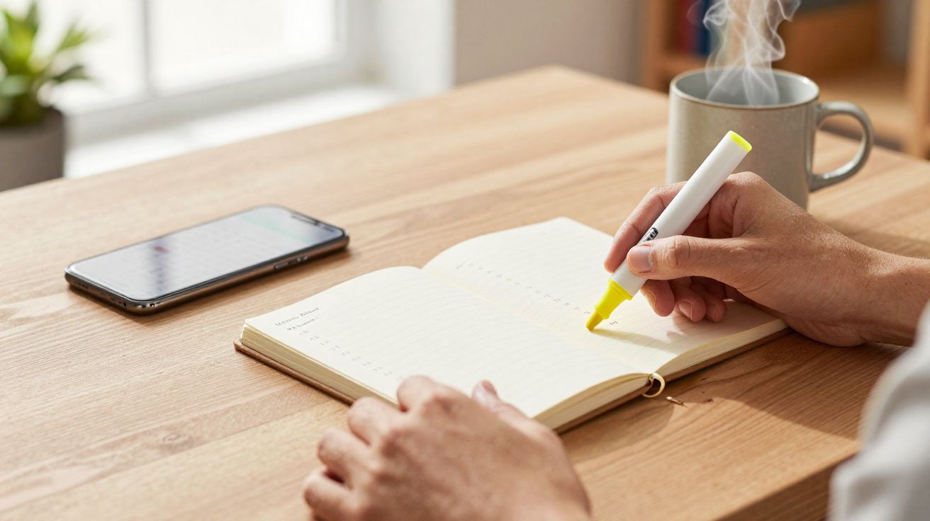 Pessoa a sublinhar com marcador amarelo numa agenda aberta, com telemóvel e chá quente numa mesa de madeira.
