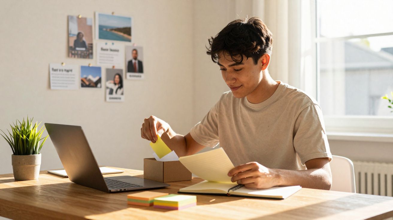 Jovem a estudar em casa, sentado à mesa com computador, notas e caixa de material de escritório.