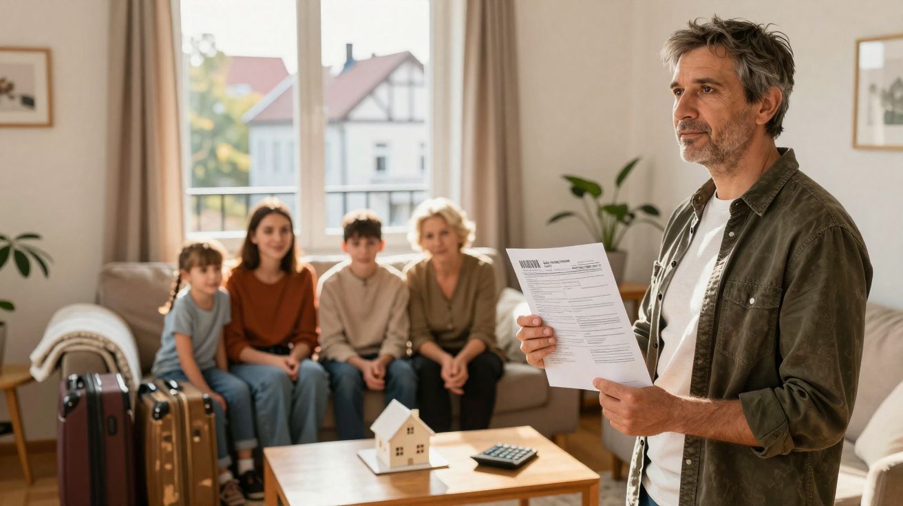 Homem adulto com documentos em mãos, família sentada no sofá e malas ao lado numa sala iluminada.