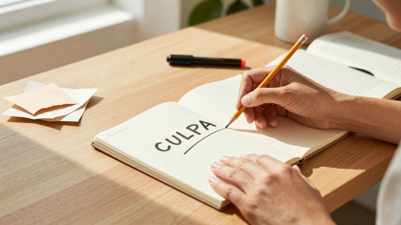 Pessoa a sublinhar a palavra "CULPA" escrita num caderno aberto sobre uma secretária em madeira clara.