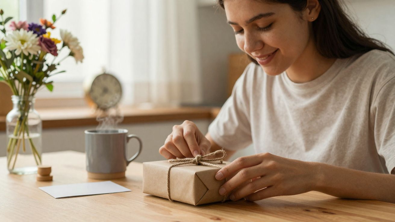 Mulher sorridente abre presente embrulhado com papel castanho e fio de juta numa mesa de madeira.