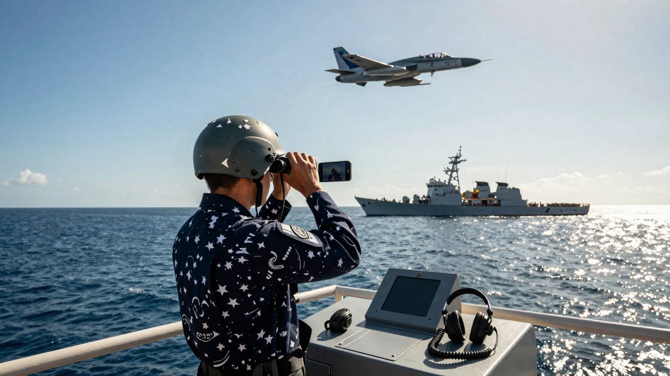 Militar com uniforme azul estrelado observa jato militar sobrevoando navio de guerra no mar.