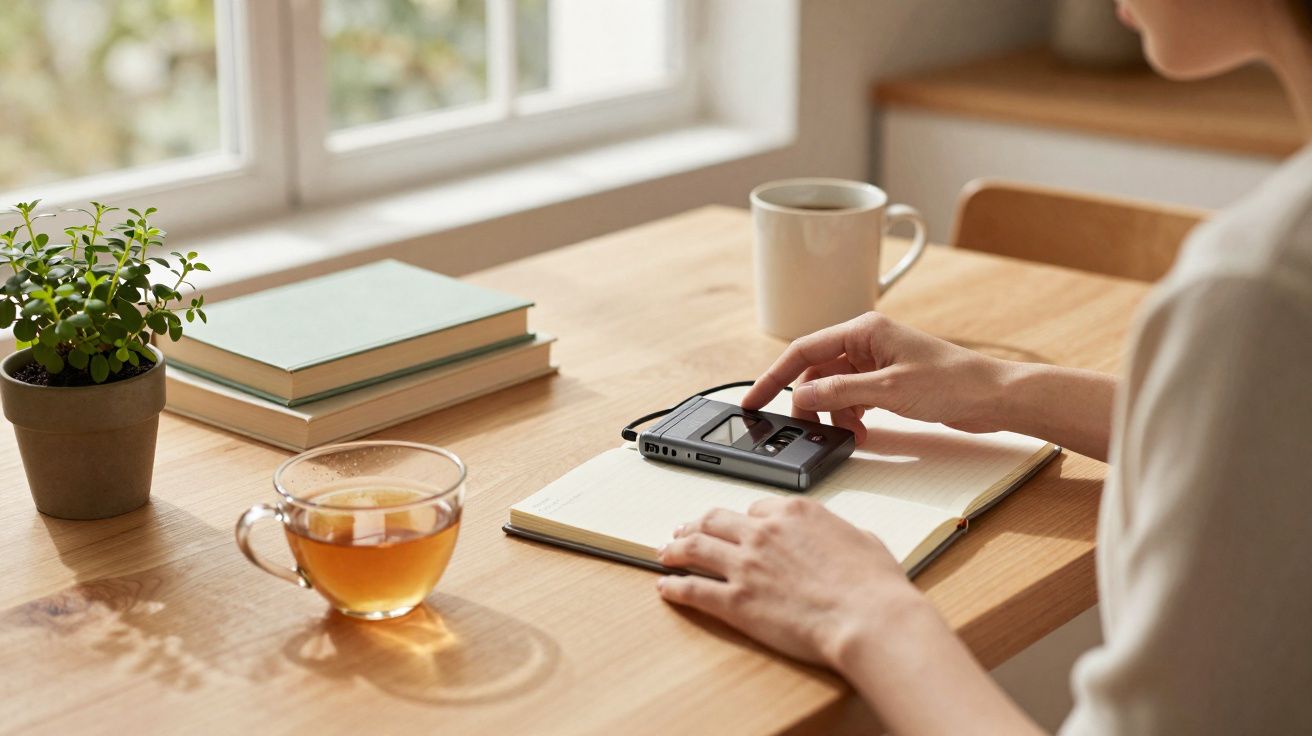 Pessoa a usar uma calculadora sobre um caderno num ambiente calmo com chá, livros e planta decorativa.