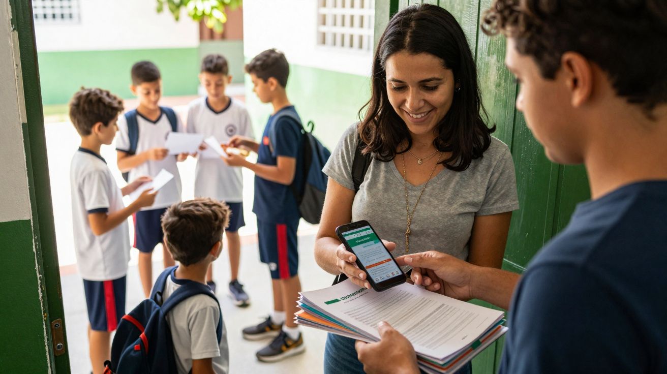 Professora e aluno consultam smartphone e documentos, com grupo de crianças em uniforme escolar ao fundo.