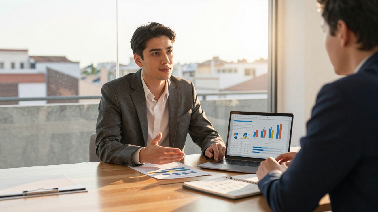 Dois homens em fato discutem gráficos e dados num laptop numa reunião de escritório com vista para uma cidade.