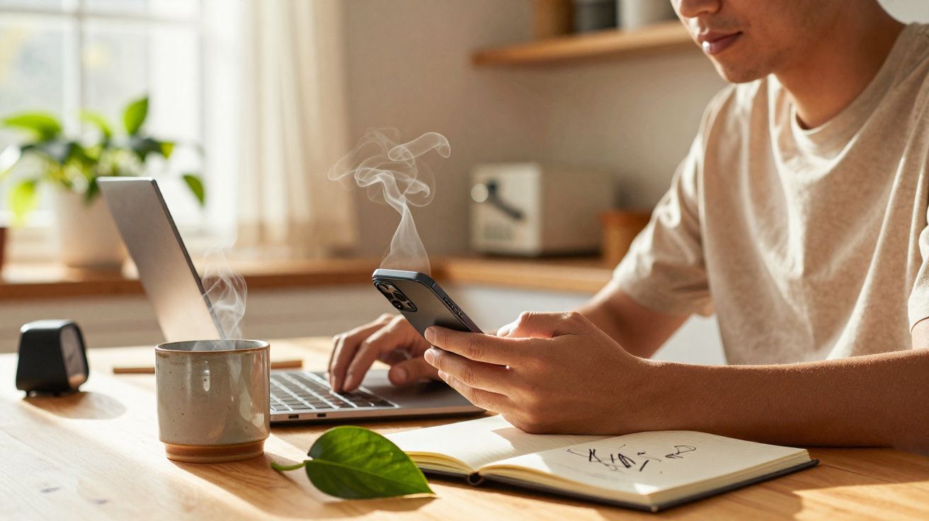 Pessoa a trabalhar no computador portátil, a usar telemóvel, com chá quente e caderno numa mesa de madeira.