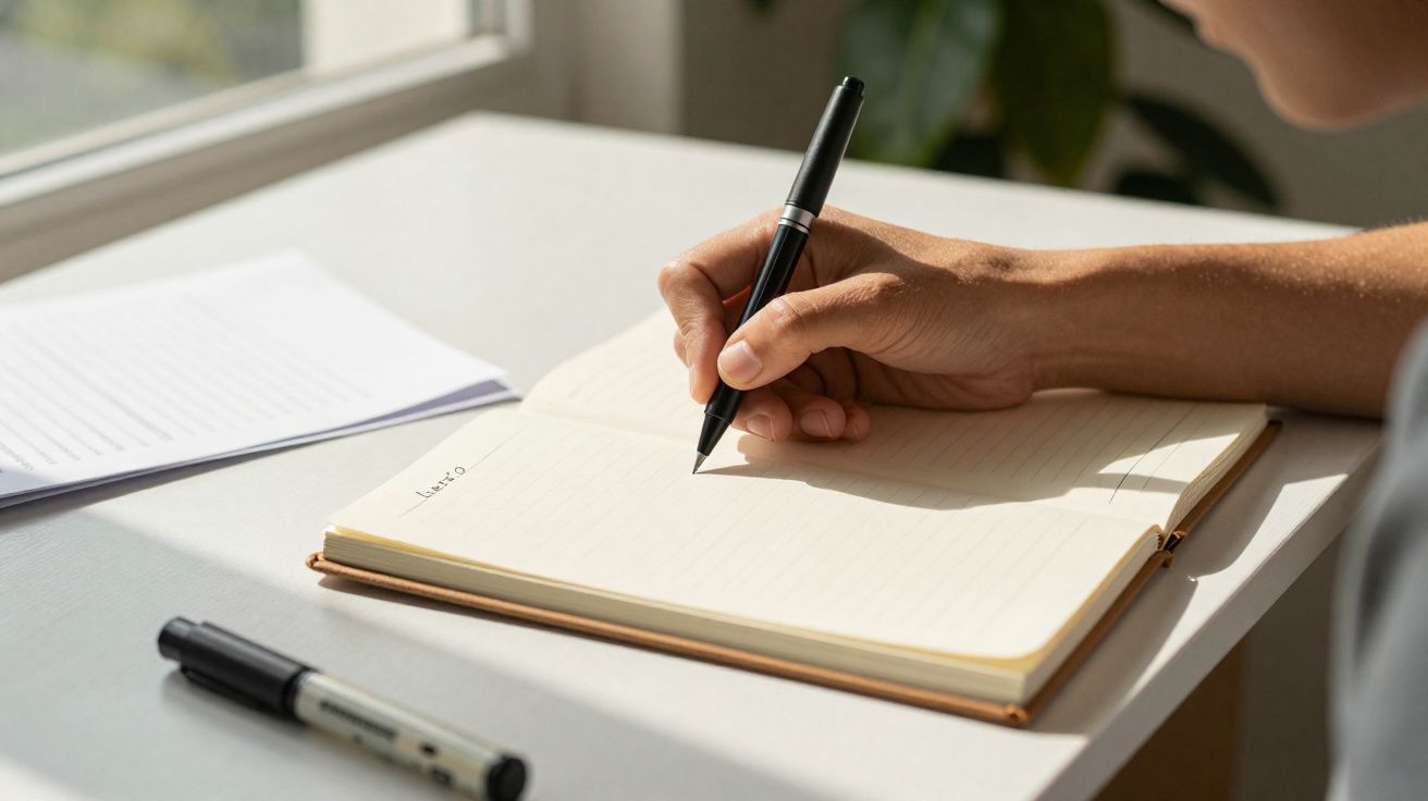 Pessoa a escrever num caderno aberto sobre uma mesa branca iluminada pela luz natural.