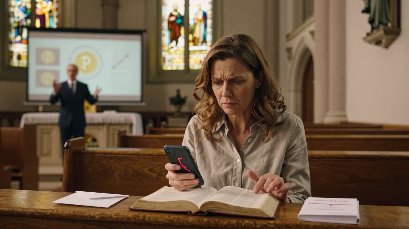 Mulher preocupada consulta telemóvel sentada numa igreja com Bíblia aberta e homem ao fundo a discursar.