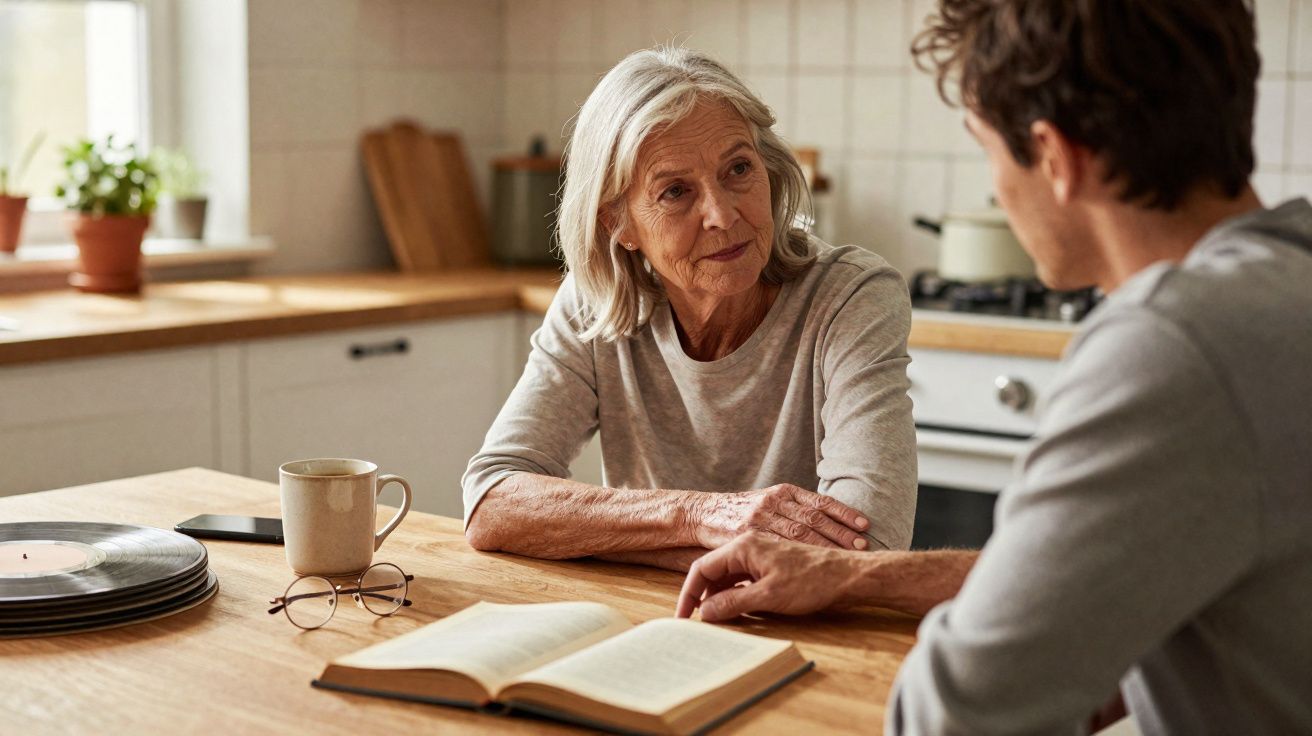 Pessoa idosa e adulto a conversar sentados à mesa com livro aberto numa cozinha iluminada.