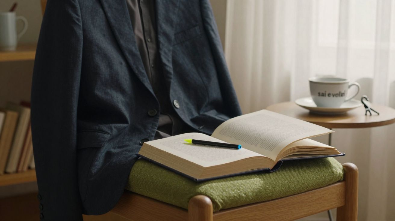 Pessoa sentada com casaco, livro aberto e caneta no colo, e chávena na mesa ao lado com os dizeres "sai e voltarás".