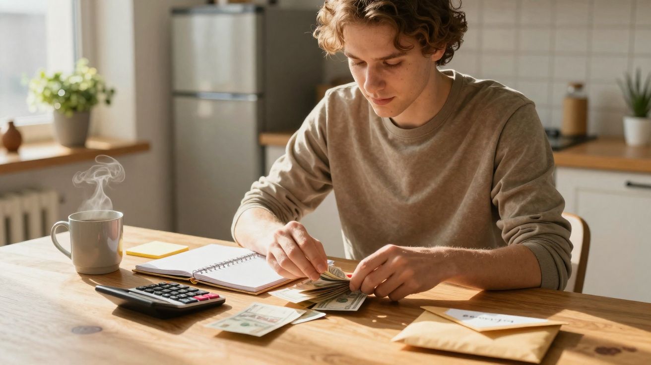Jovem sentado à mesa a contar notas de dólar, com calculadora, bloco de notas e chá quente à sua frente.