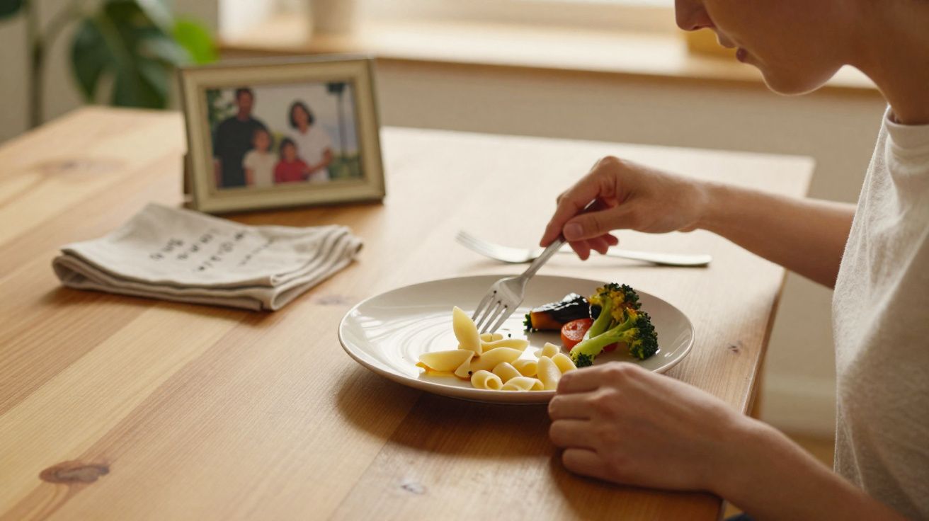 Pessoa a comer prato com massa, brócolos e tomate numa mesa de madeira com foto de família ao fundo.
