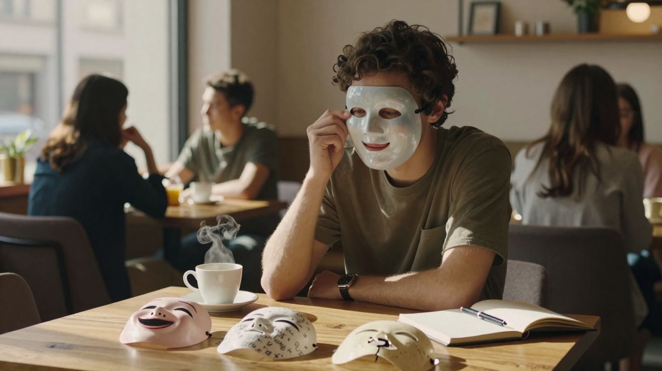 Pessoa num café a usar máscara branca, com três máscaras diferentes na mesa e um caderno aberto.