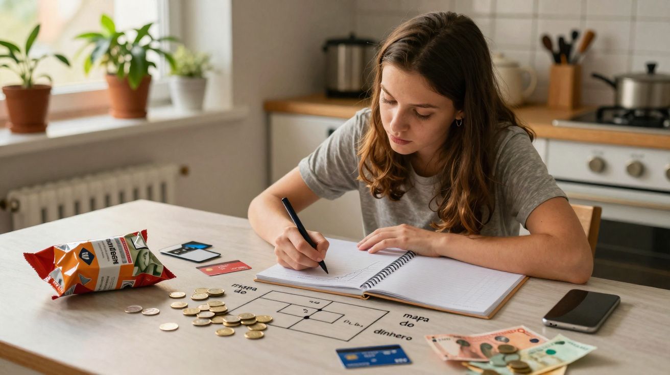Mulher jovem a fazer anotações junto a moedas, notas, cartões e um esquema chamado "Mapa do dinheiro".