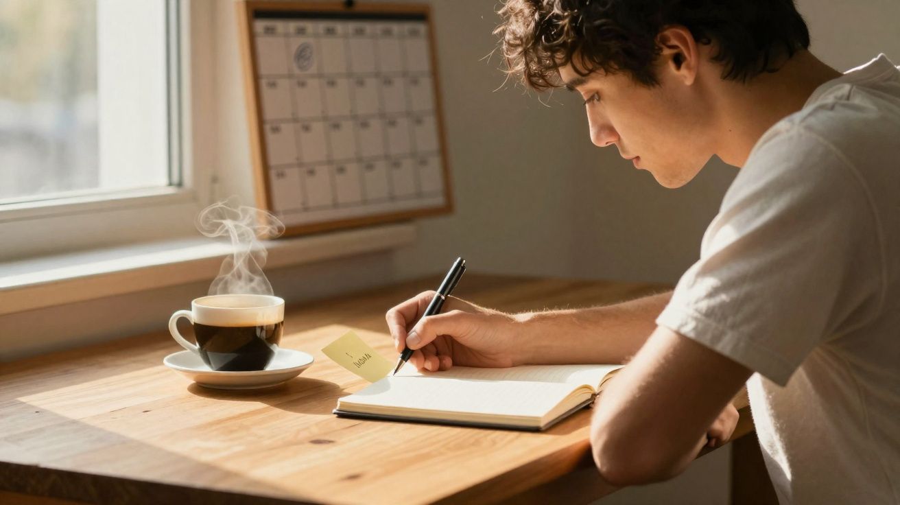 Jovem a escrever num caderno junto a uma chávena de café fumegante numa mesa com calendário na parede.