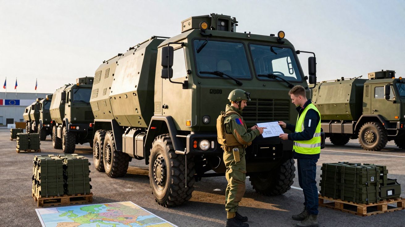 Soldado e técnico junto a camião militar verde com caixas e mapa no chão em área ao ar livre.