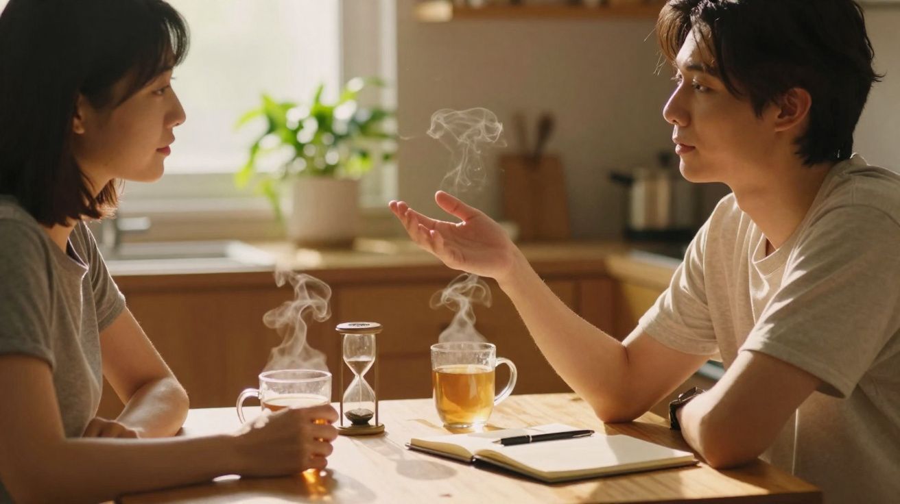 Dois jovens conversam numa cozinha, com chá quente e uma ampulheta na mesa de madeira.
