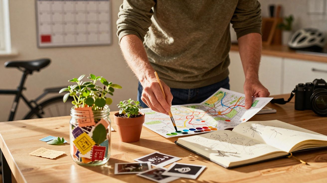 Pessoa a pintar um mapa colorido numa mesa com plantas, fotos e um caderno de desenhos.