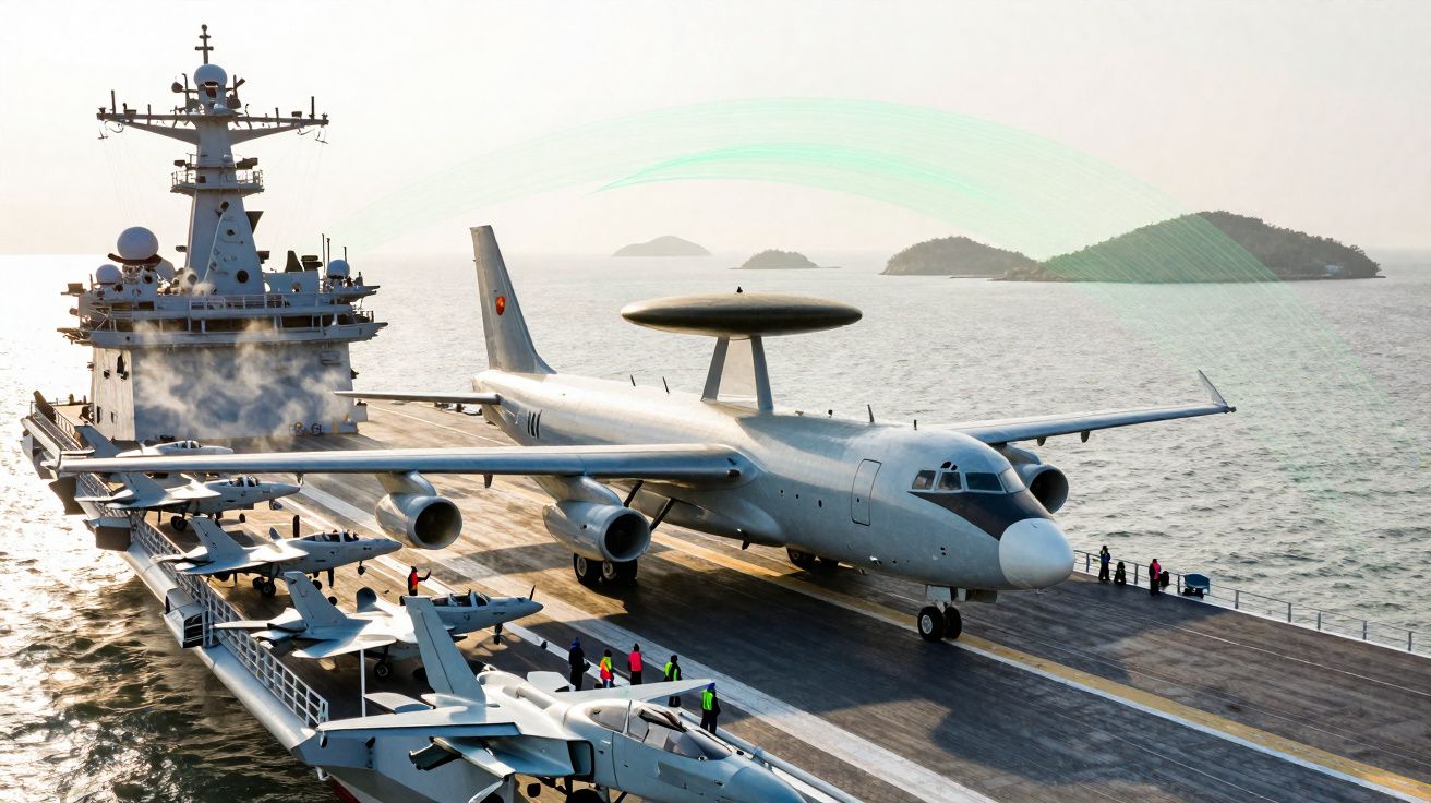 Porta-aviões com avião de vigilância AEW e caças no convés em mar calmo perto de ilhas.