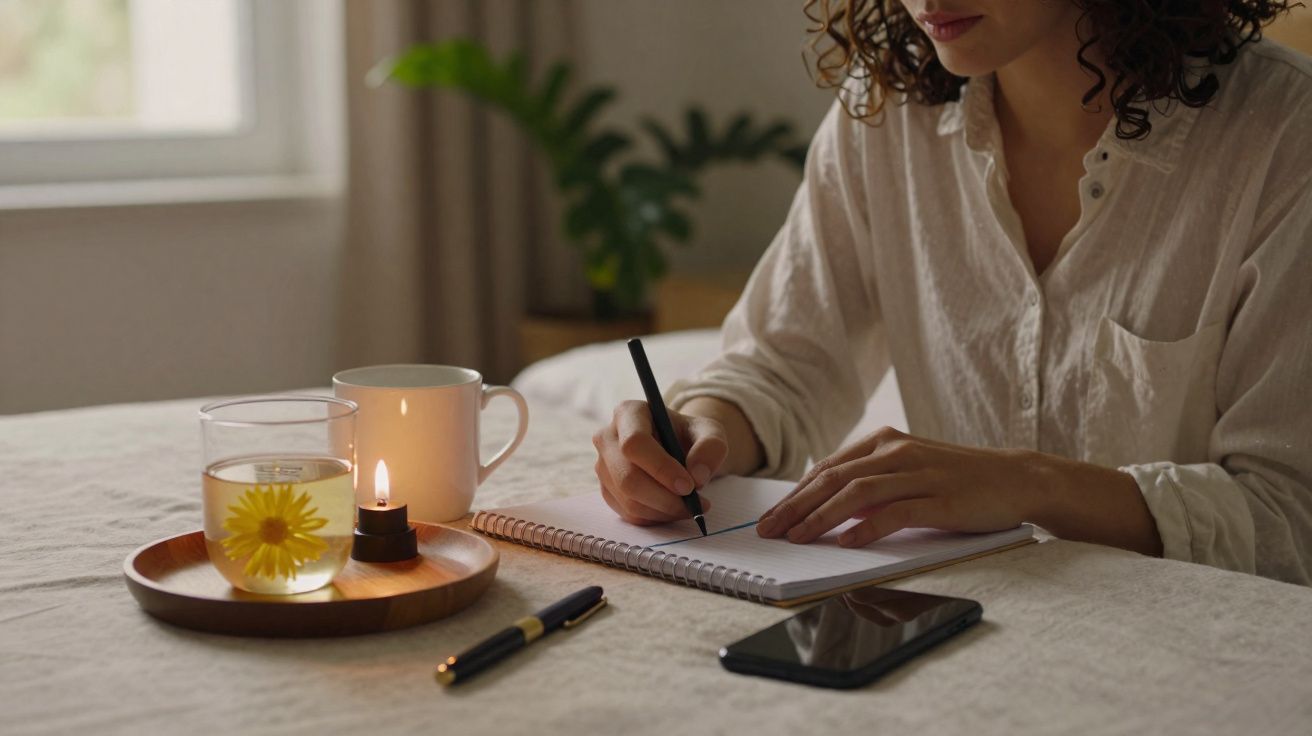 Pessoa a escrever num caderno numa mesa com chá, vela acesa, caneta e telemóvel.
