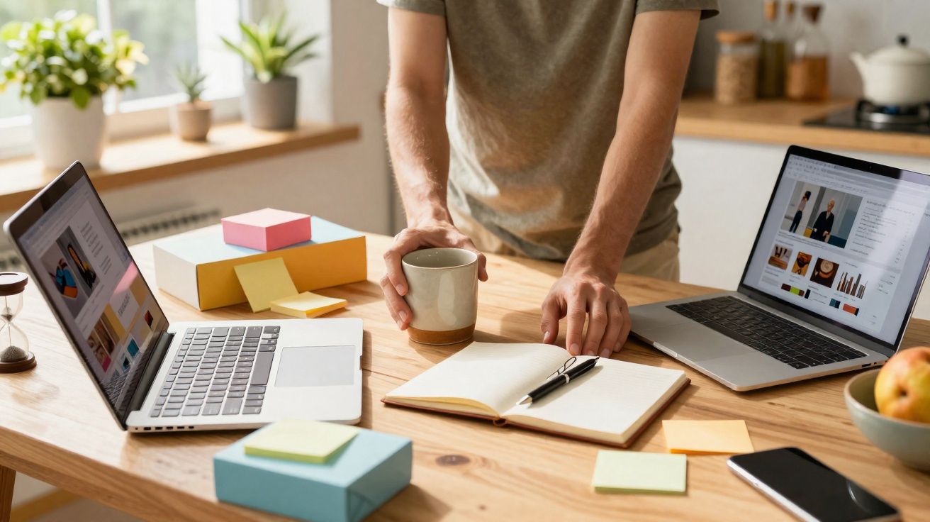 Pessoa a trabalhar numa mesa com dois portáteis, caderno aberto, blocos de notas e caneca.