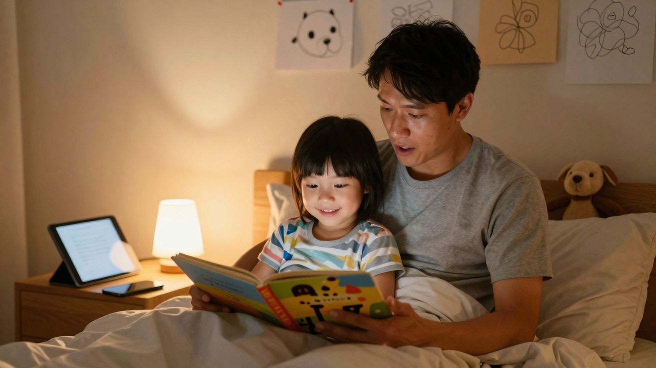 Pai e filha sentados na cama a ler um livro infantil juntos num ambiente acolhedor e iluminado.