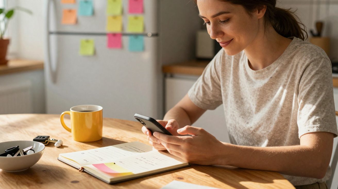 Mulher sentada à mesa a usar telemóvel, com caderno aberto e caneca amarela numa cozinha iluminada.