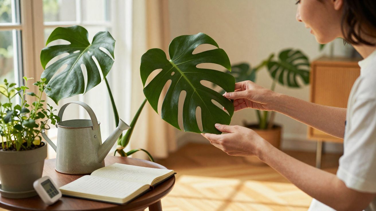Pessoa a segurar folha grande de planta monstera numa sala com regador, caderno e planta em vaso.