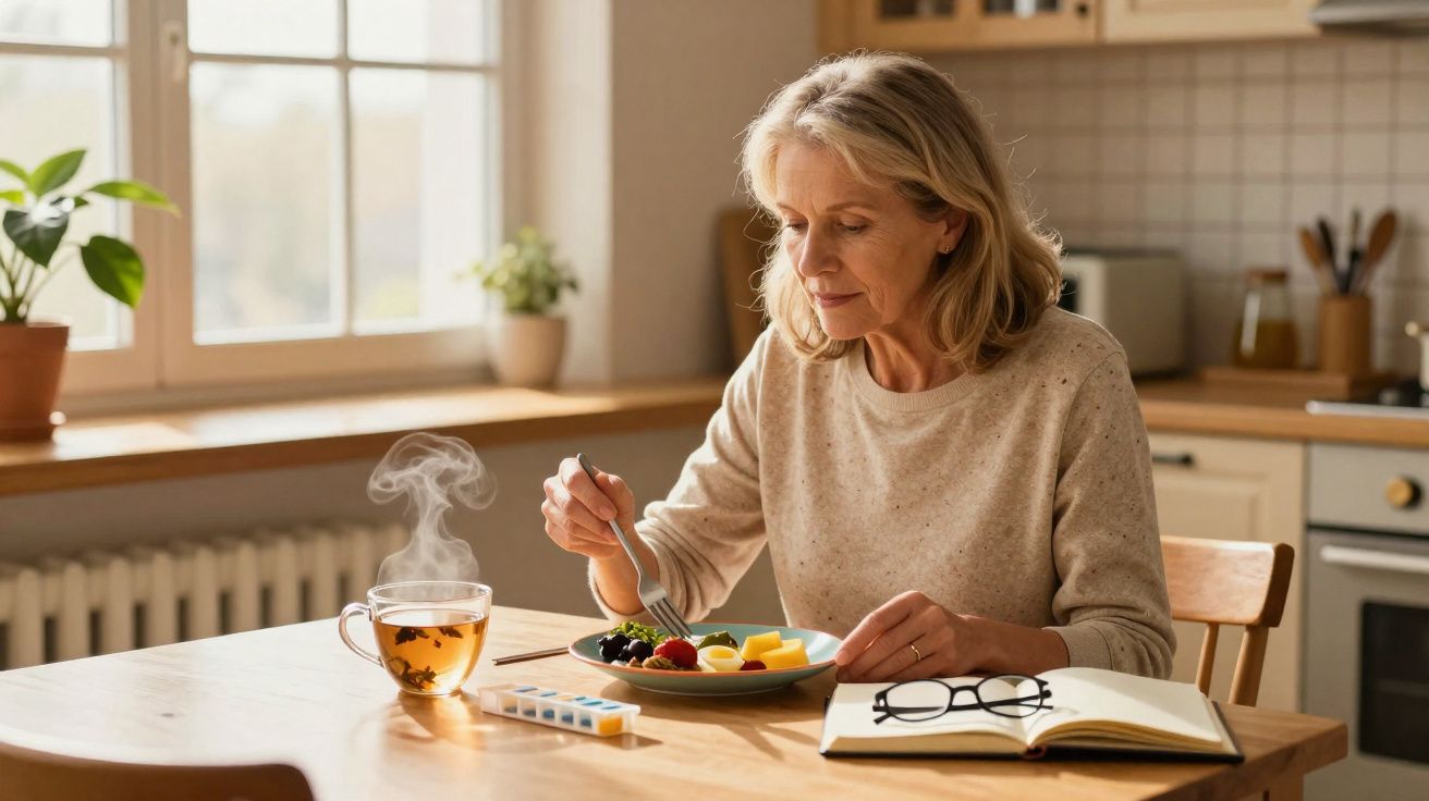 Mulher adulta a almoçar frutas à mesa de cozinha com chá quente e um livro aberto à sua frente.