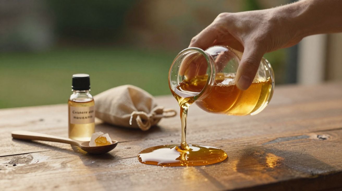 Pessoa a verter mel de um jarro para a mesa de madeira com frasco pequeno e colher com cera de abelha ao lado.