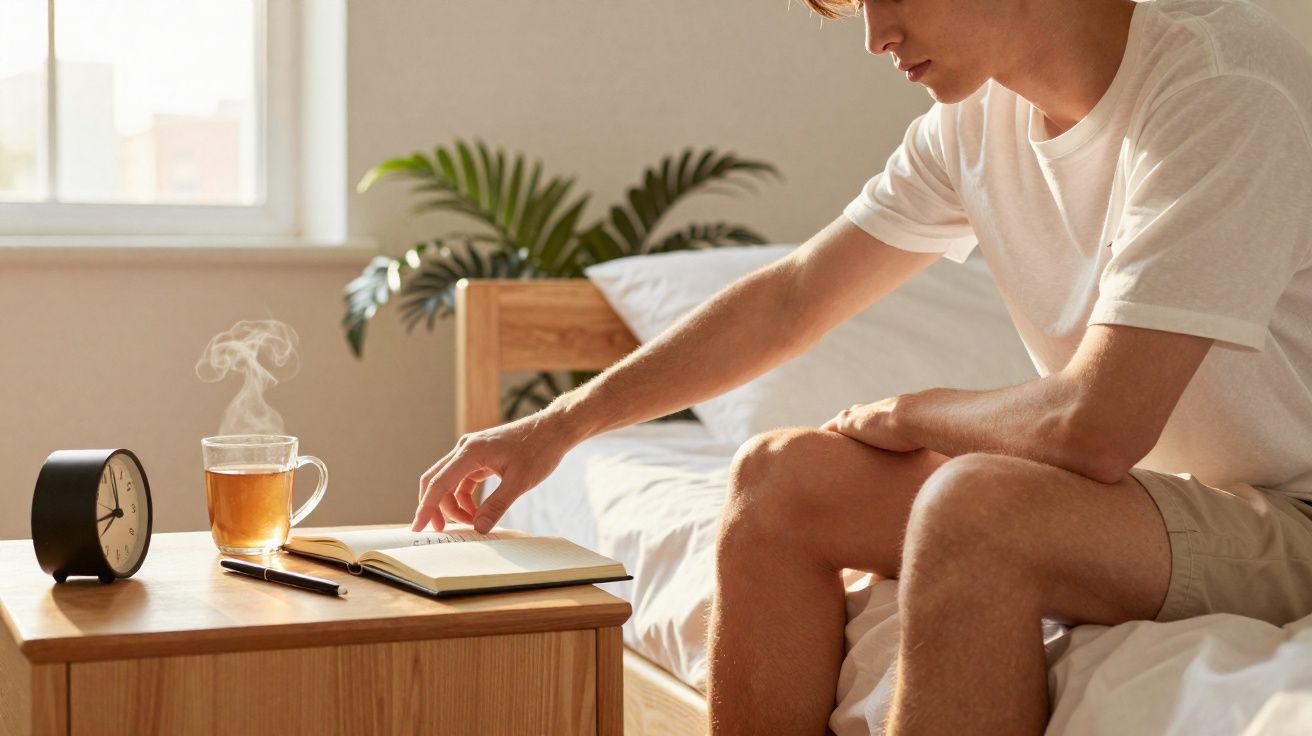 Homem sentado na cama a apagar um despertador, com chá quente e livro em mesa ao lado.