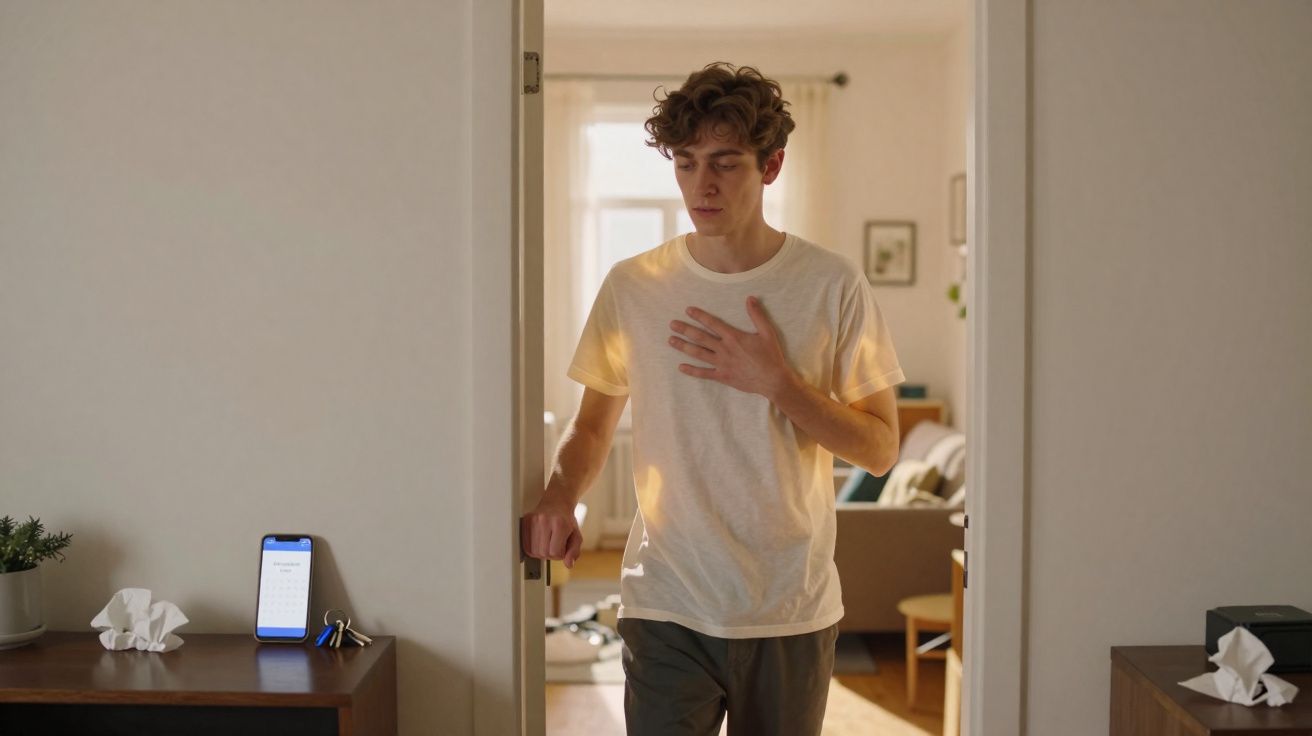 Homem jovem de branco passa a mão no peito e parece sentir desconforto num corredor de casa.