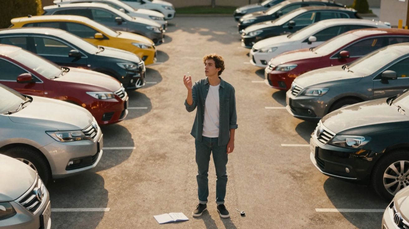 Jovem parado numa fila de carros numa estação de estacionamento, com caderno e chave no chão.
