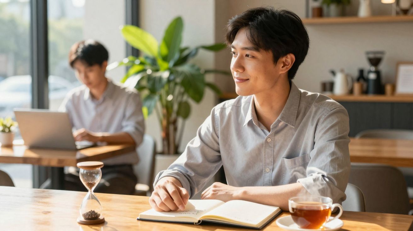 Homem sentado com caderno aberto, chá e ampulheta, olhando para o lado num ambiente de café tranquilo.