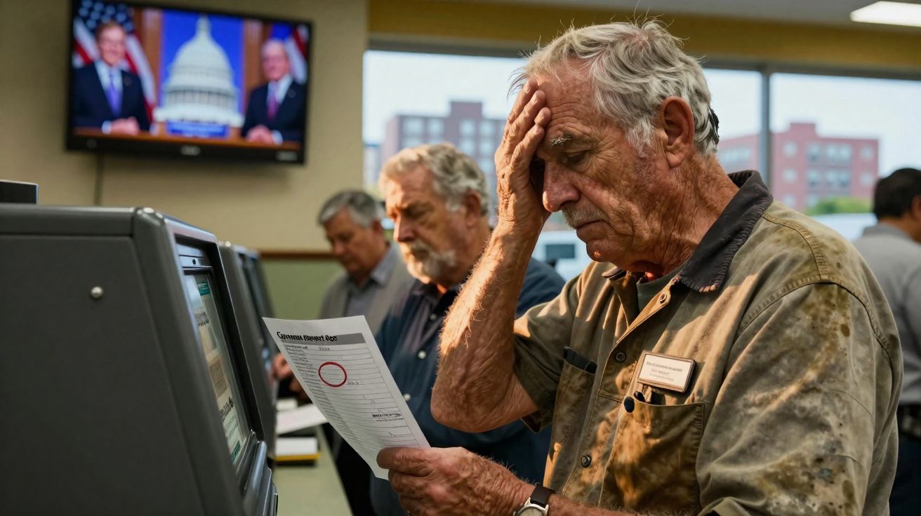 Homem idoso preocupado a ler documento num centro de votação com outras pessoas ao fundo.
